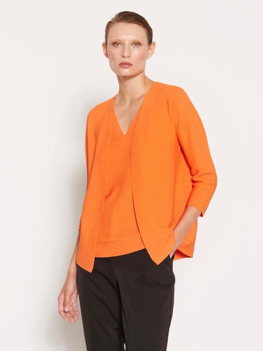 European brand - Women's Bright Orange Twinset V-Neck Knit Top and Cardigan